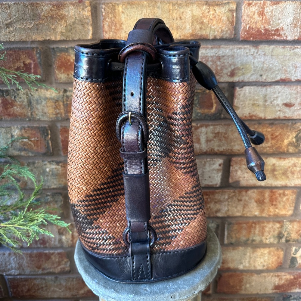 Woven Leather Drawstring Bucket Bag Brown Black Shoulder Bag Handbag Basket - Picture 3 of 10